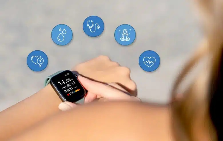 Image showing a smartwatch or fitness tracker linked to a telehealth app for women’s healthcare.