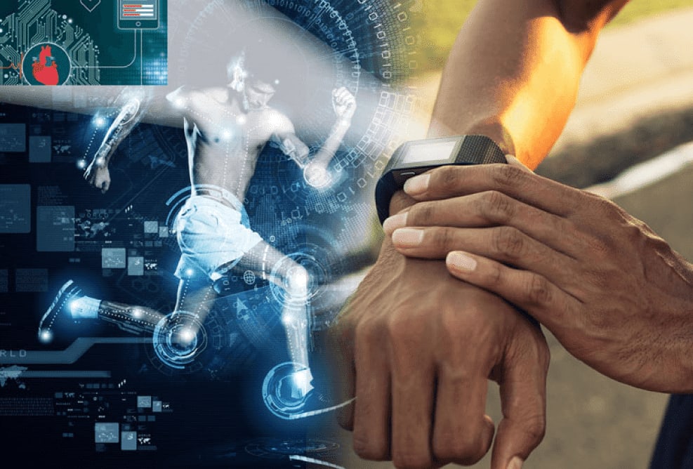 A close-up of a smartwatch tracking health metrics, demonstrating digital health tracking.