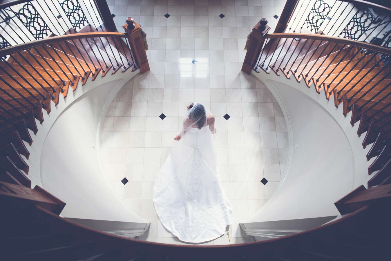 looking down on bride in wedding dress