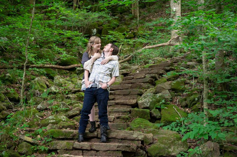 engagement photo with rock stairs