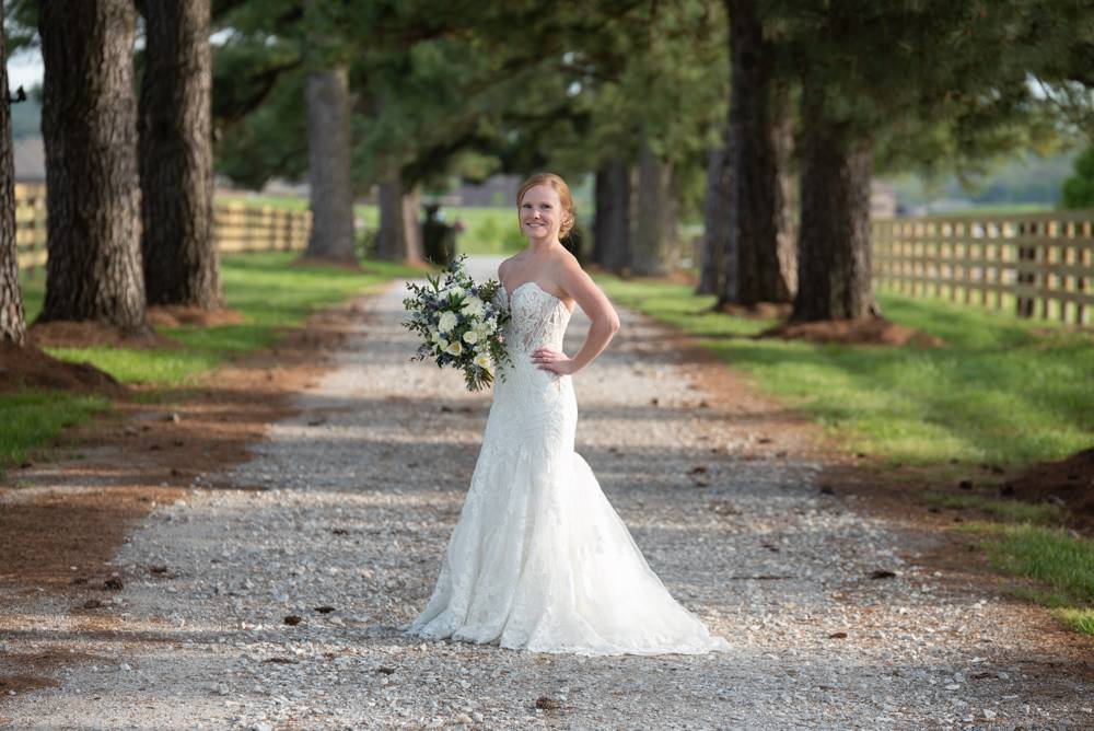 bridal session with rows of trees