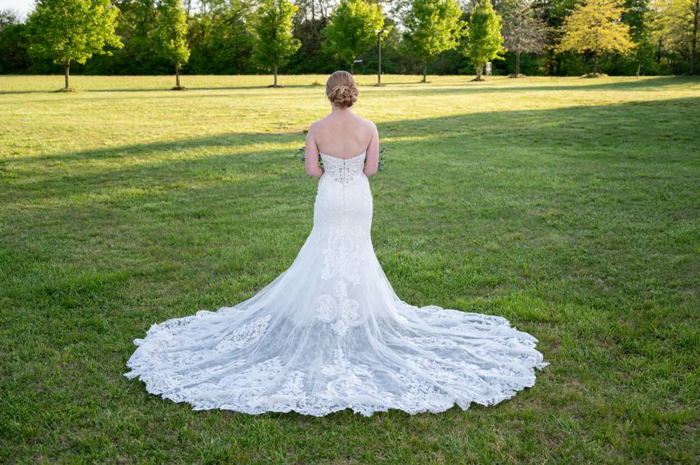 back of bride with dress spread out