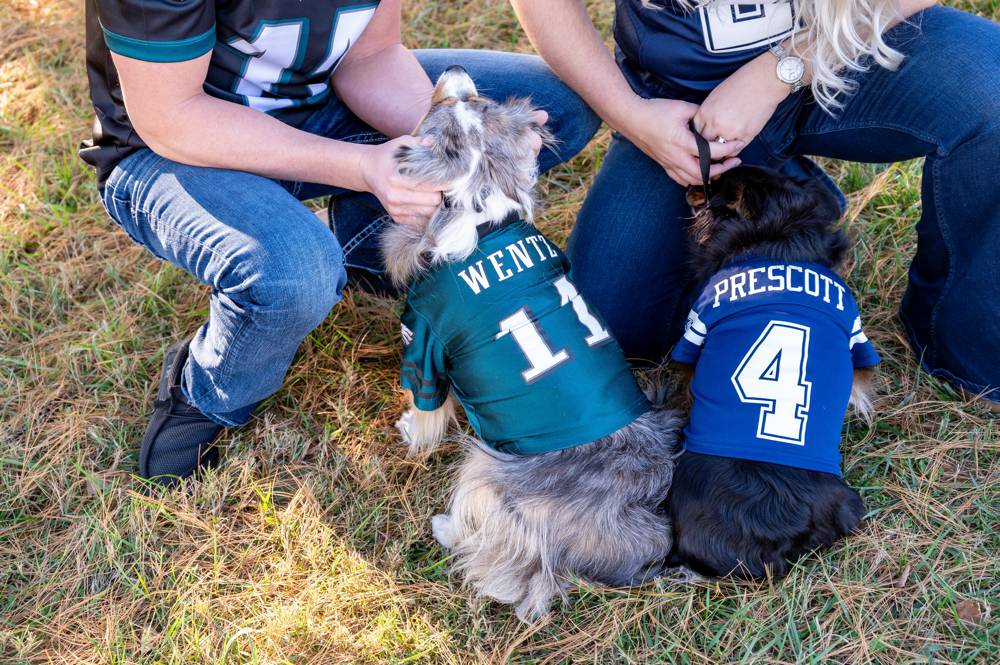 engagement photo with dog jerserys