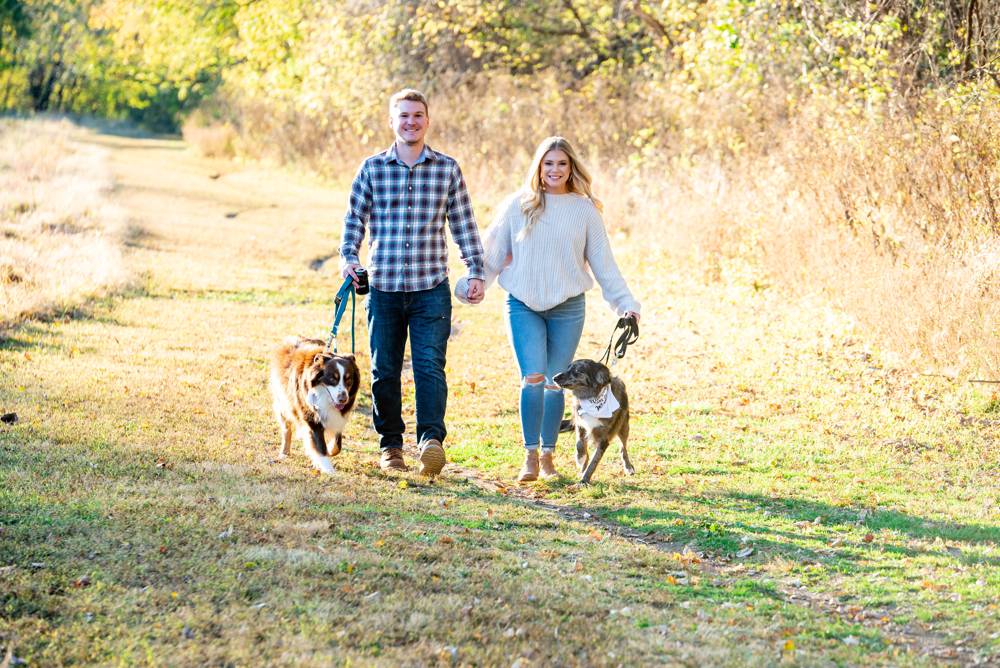 guy and girl walking dogs in castlewood park