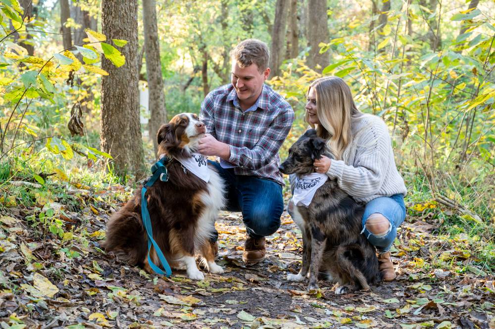 engagement session with couple and dogs in park