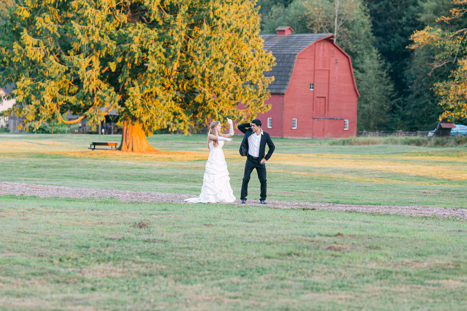 bride and groom showing off dance moves
