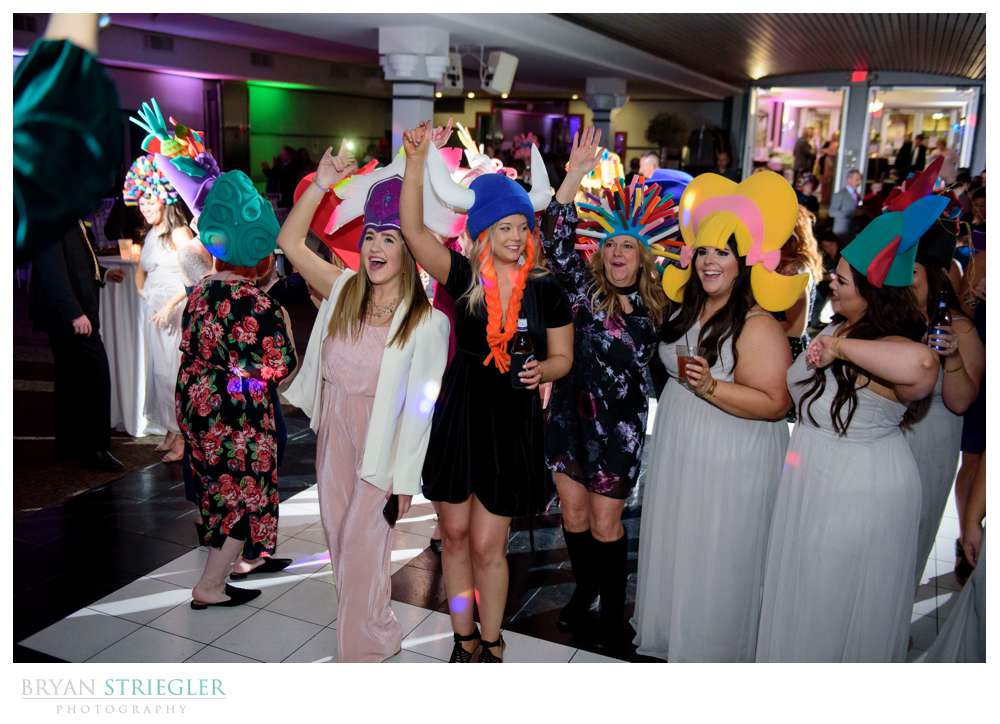 crazy wedding reception with wigs