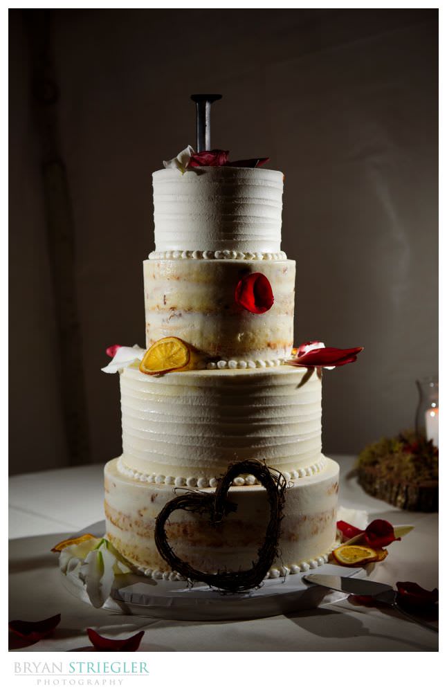 Rustic wedding cake with dramatic lighting