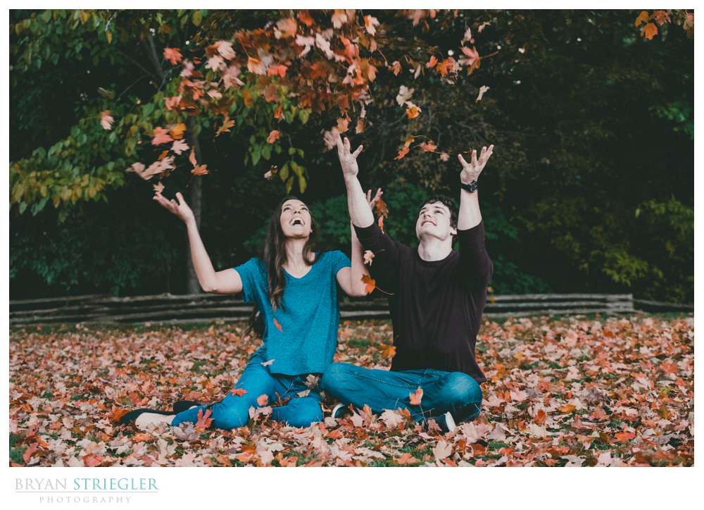 engagement photo with leaves