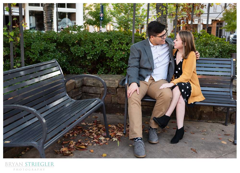 engagement photos on bench