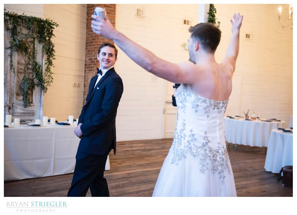 surprise first look with groomsmen in dress