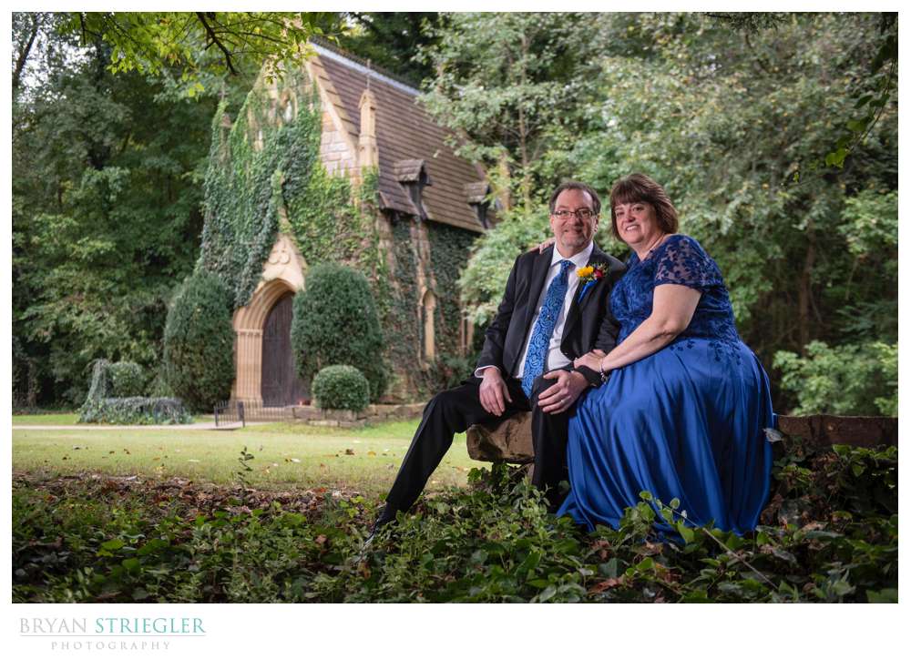wedding couple in front of St. Catherine's at Bell Gable