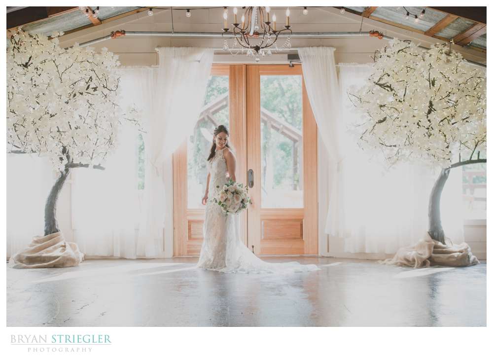 bride in front of doors at Barn at the Springs