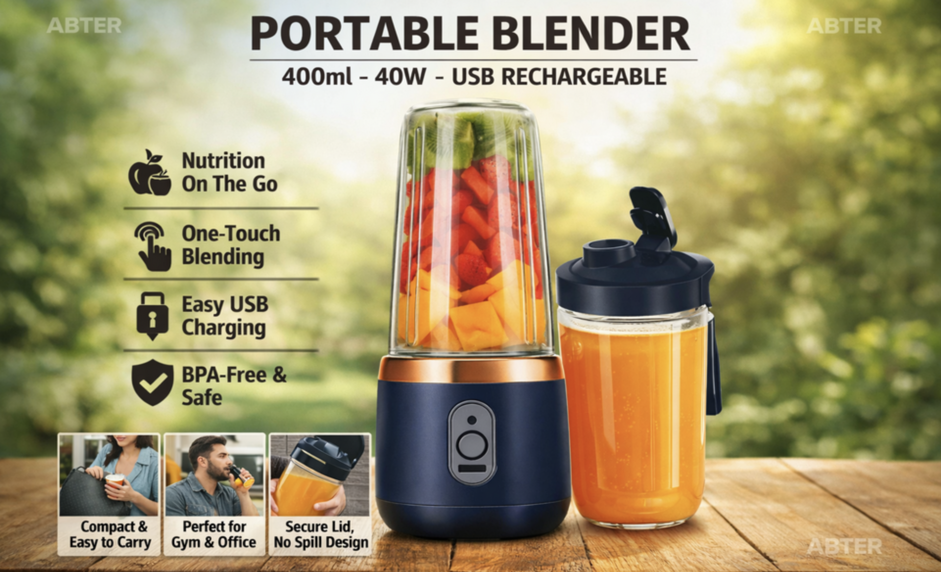 HORTUSCLEAR Portable Electric Juicer Cup Blender, 400 ml Capacity, USB Rechargeable Base with Detachable Cups thumbnail 3