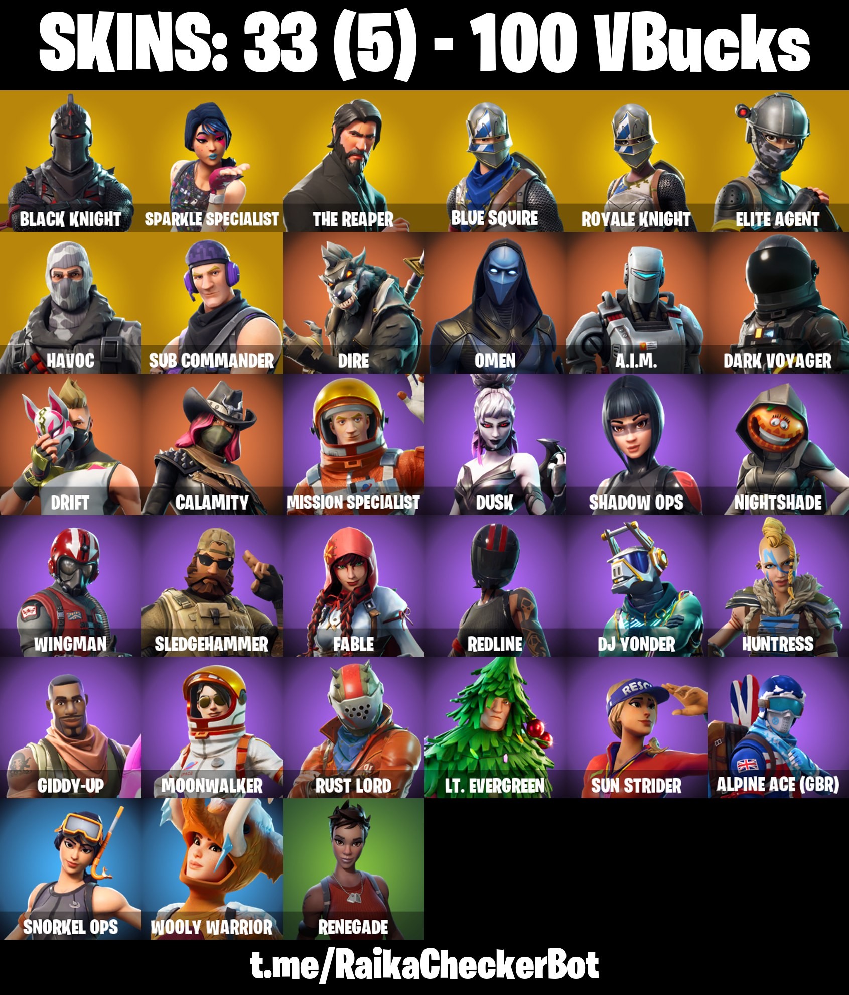Fortnite Account ( PLAYSTATION / XBOX / PC / MOBILE / NINTENDO ) (BLACK KNIGHT, SPARKLE SPECIALIST, FLOSS, THE REAPER, TAKE THE L, BLUE SQUIRE, ROYALE KNIGHT) (33 Skins)