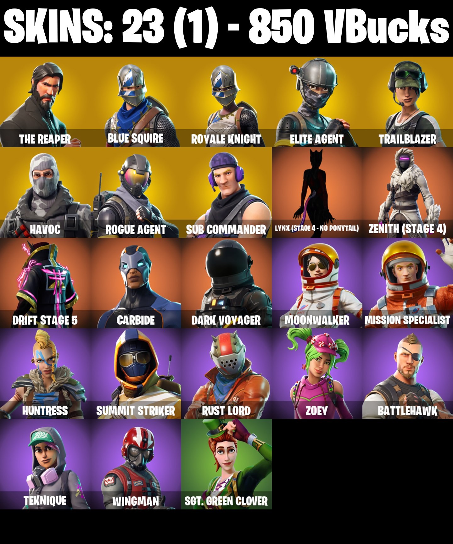 Fortnite Account ( PLAYSTATION / XBOX / PC / MOBILE / NINTENDO ) THE REAPER, TAKE THE L, BLUE SQUIRE, ROYALE KNIGHT, ELITE AGENT, ROGUE AGENT, HAVOC (23 Skins)