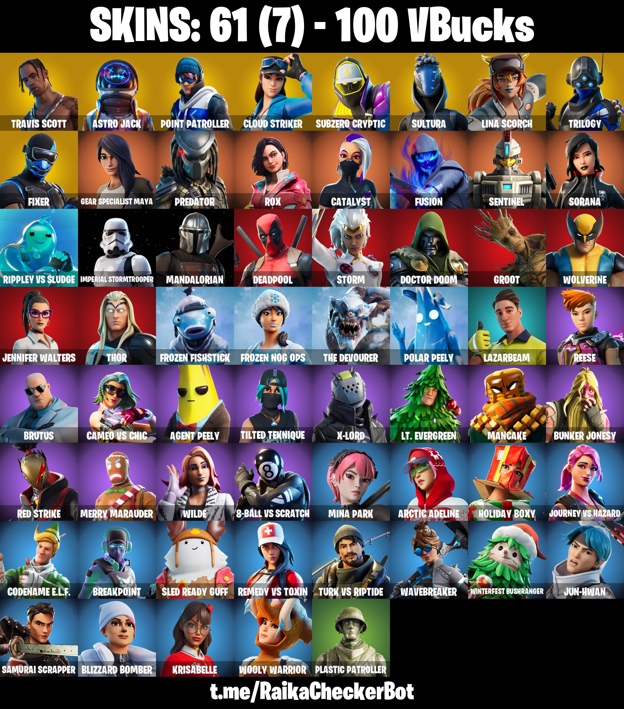 Fortnite Account ( PLAYSTATION / XBOX / PC / MOBILE / NINTENDO ) TRAVIS SCOTT, ASTRO JACK, CLOUD STRIKER, DEADPOOL, GEAR SPECIALIST MAYA, ROX, SULTURA (61 Skins)