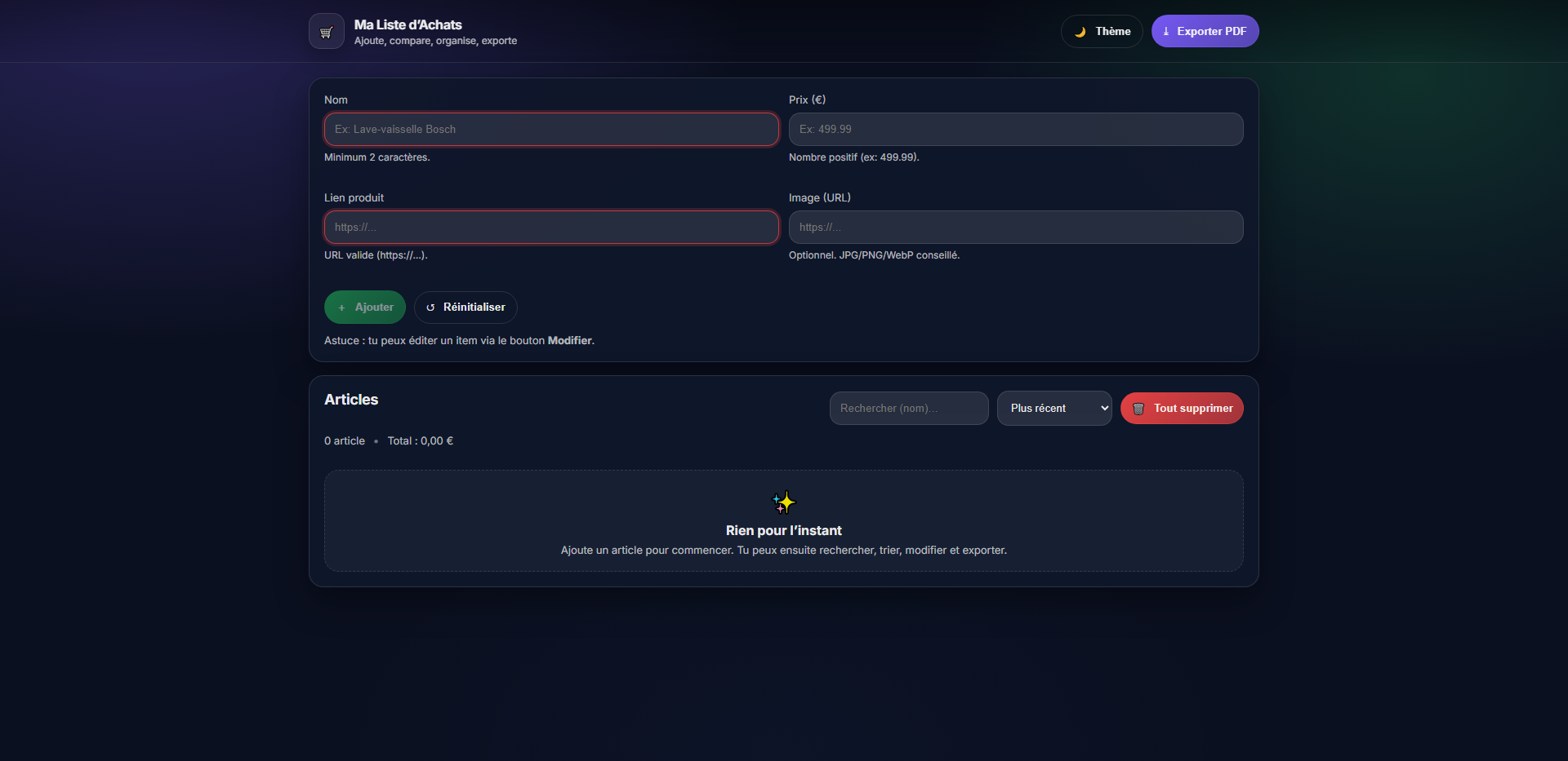 Shopping List v2 - Homepage – Dark mode