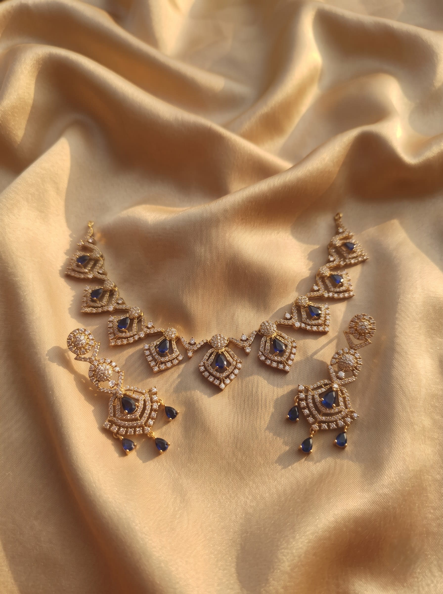 Royal Sapphire Gold-Tone Necklace & Earrings Set