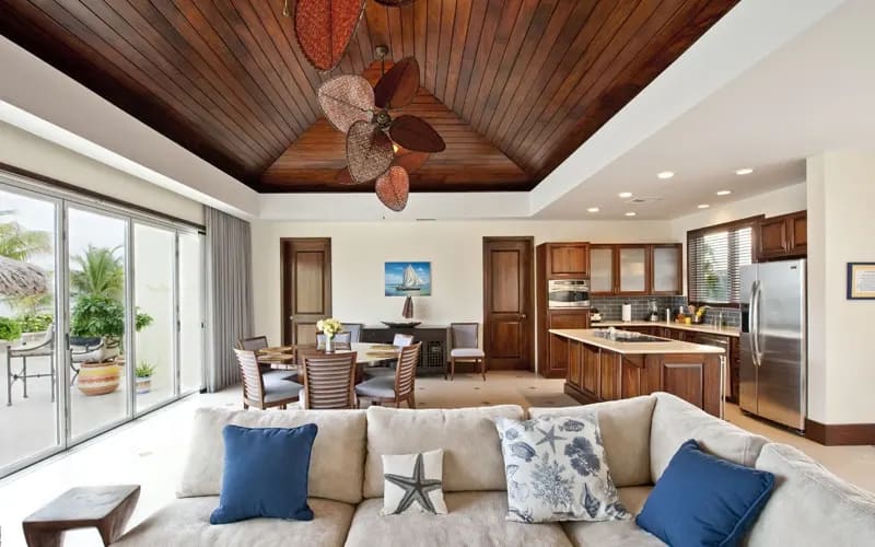 Great room with lounge, kitchen, and dining area