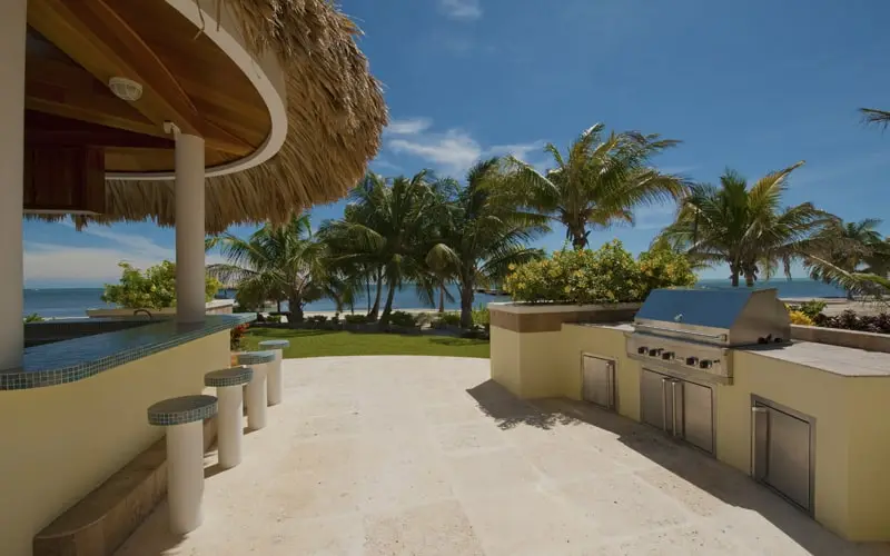Outdoor bar and grill terrace overlooking the water
