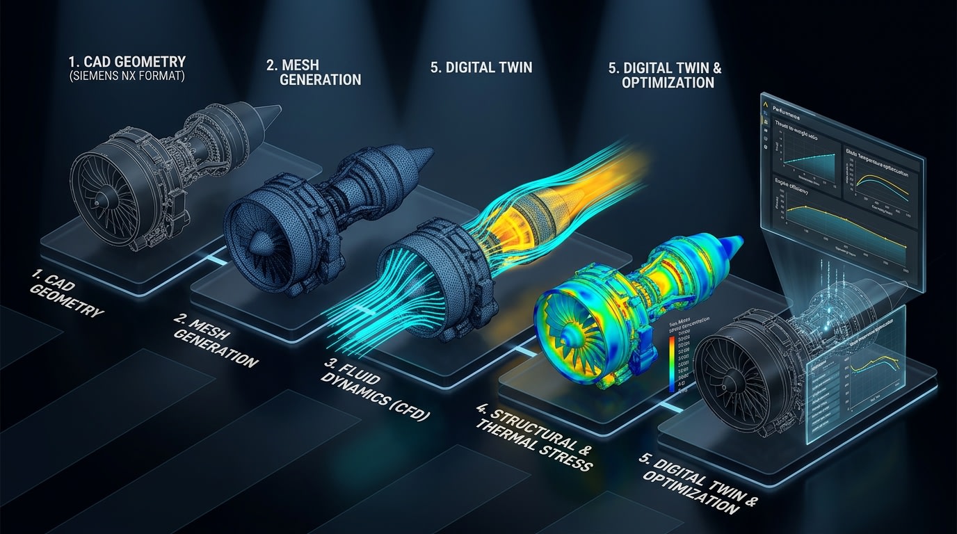 Digital Engineering Simulation Pipeline: CAD Model, Tetrahedral Mesh, CFD Fluid Dynamics, FEA Structural Stress, and Optimization