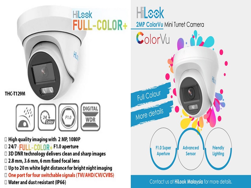 Hilook 2MP ColorVu Dome 2.8mm with full LED light built in,20m.
