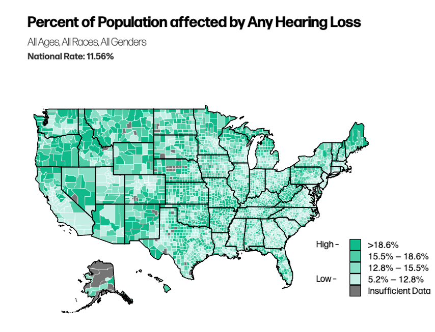 Map showing hearing loss across the US