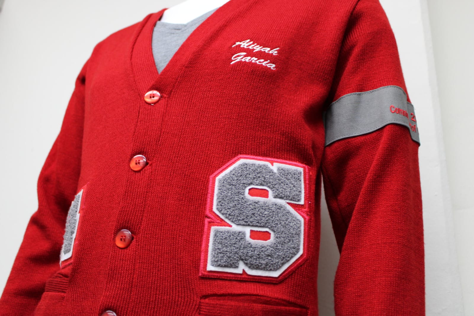 Staff cardigan with personalized embroidered name example