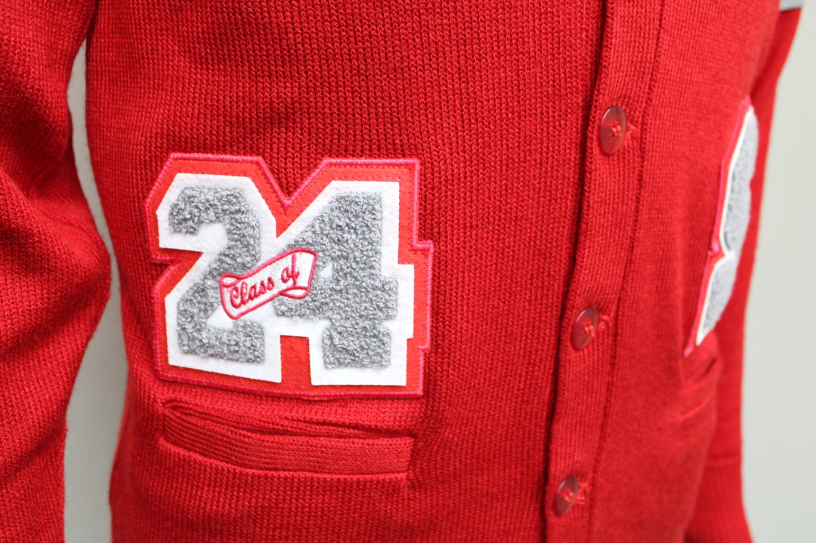 Staff cardigan with chenille patches example