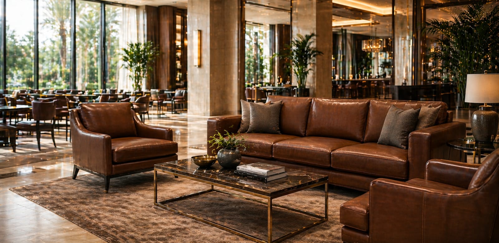 Luxury hospitality leather seating in an upscale lounge setting