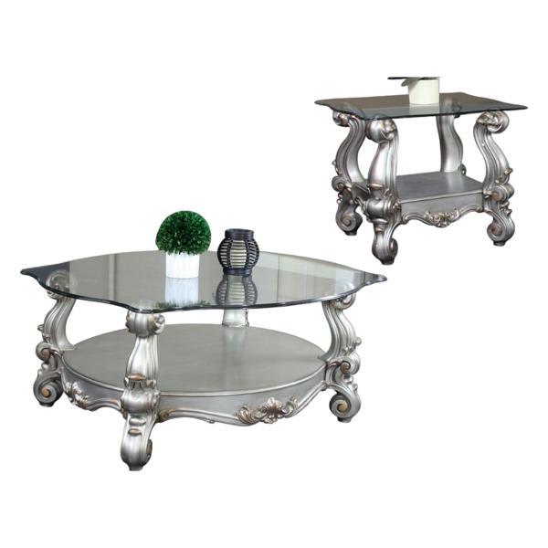 Versailles Coffee Table with Curved Glass Top and Antique Platinum Finish Legs - Clear Glass 