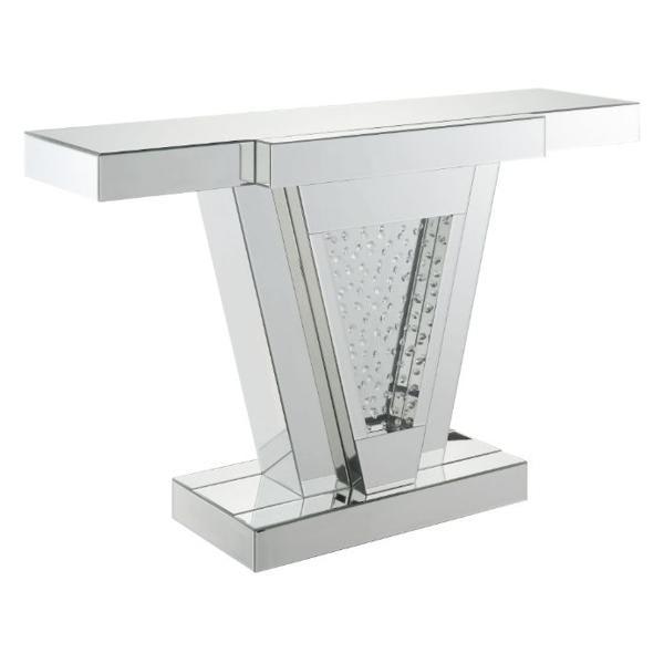 Nysa - Console Table - Beveled Mirrored Finish - Faux Crystal Inlay - Pedestal Base - Trapezoid Shape 