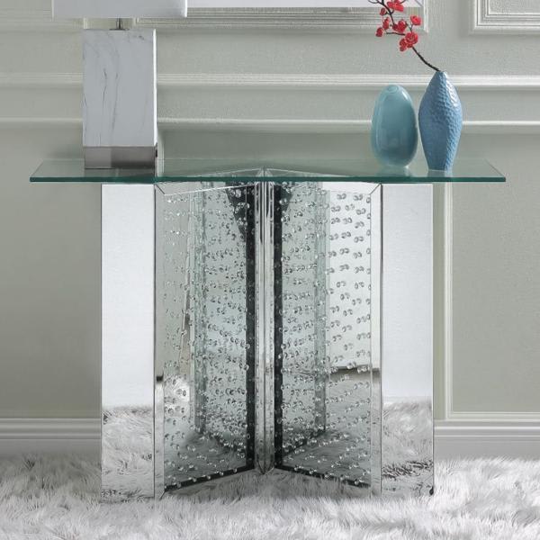 Nysa Console Table with Glass Top and Mirrored V Shape Base - Faux Crystals Inlay - Clear 