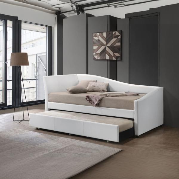 Jedda Daybed with Trundle - Twin Bed - White Synthetic Leather - Black Finish Wood Leg 