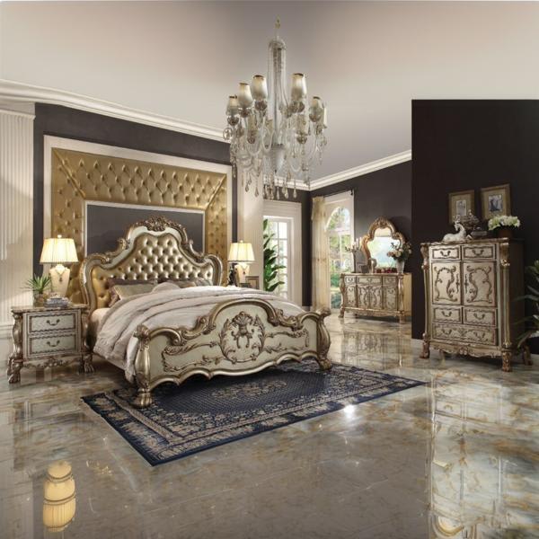 Dresden Eastern King Bed with Bone Synthetic Leather and Gold Patina Finish 