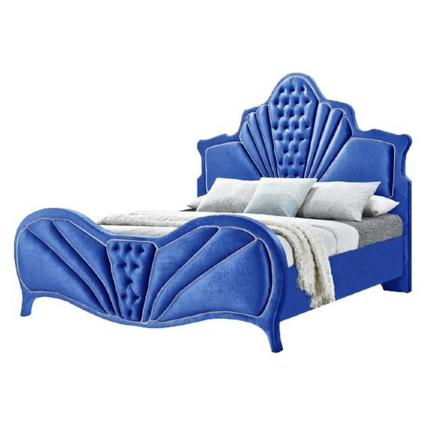 Dante Eastern King Bed with Wooden Inner Frame - Blue Velvet Fabric 