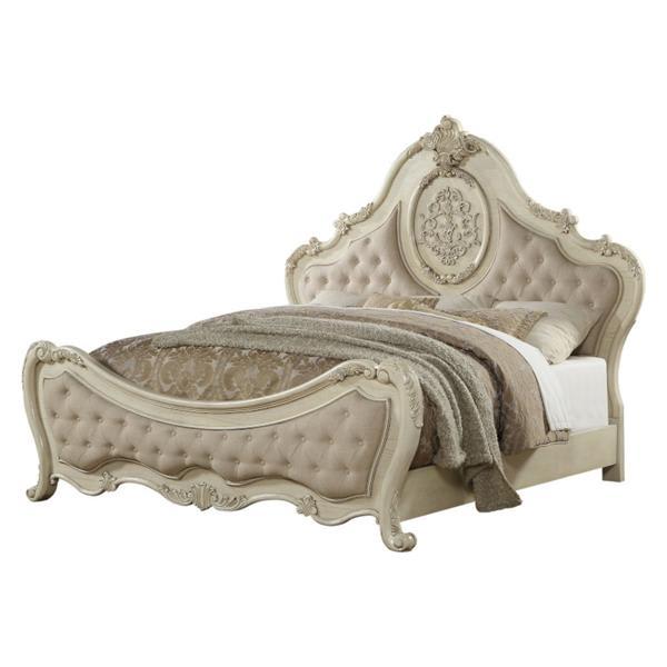 Ragenardus Queen Bed with Button Tufted Headboard and Footboard - Beige Linen and Antique White Finish 