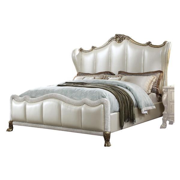 Dresden II Eastern King Bed with Pearl White Synthetic Leather and Gold Patina Finish 