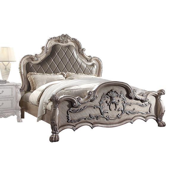Dresden Eastern King Bed with Synthetic Leather and Vintage Bone White Finish 
