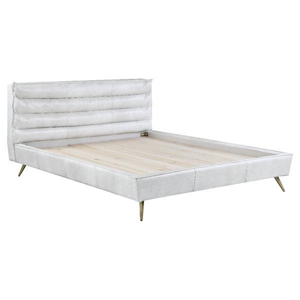 Doris Eastern King Bed with Vintage White Top Grain Leather Upholstery - Metal Legs 