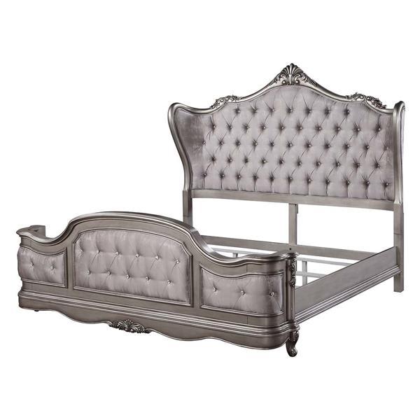 Ariadne Eastern King Bed with Velvet Upholstery and Antique Platinum Finish - Velvet and Antique Platinum 