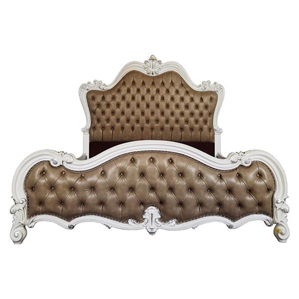 Versailles II Eastern King Bed with Button Tufted Headboard - Vintage Gray Synthetic Leather and Bone White Finish 