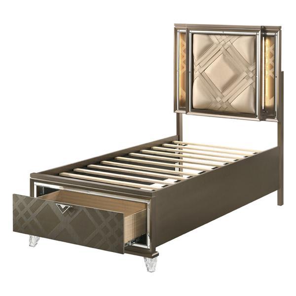 Skylar Full Bed with LED and Storage - Synthetic Leather and Dark Champagne Finish 