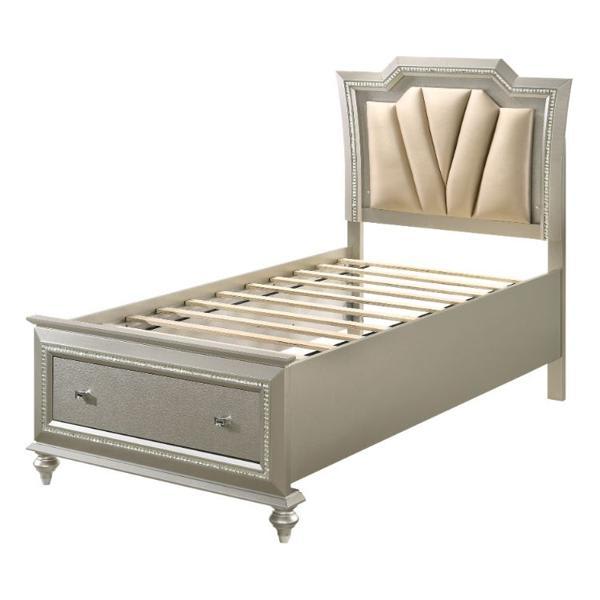 Kaitlyn Full Bed with LED and Storage - Synthetic Leather and Champagne Finish 