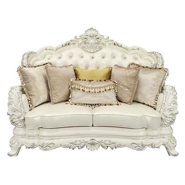 Adara Loveseat with 5 Pillows - Pearl White Synthetic Leather - Antique White Finish 
