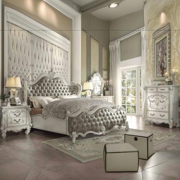 Versailles Queen Bed - Vintage Gray Synthetic Leather and Bone White Finish 