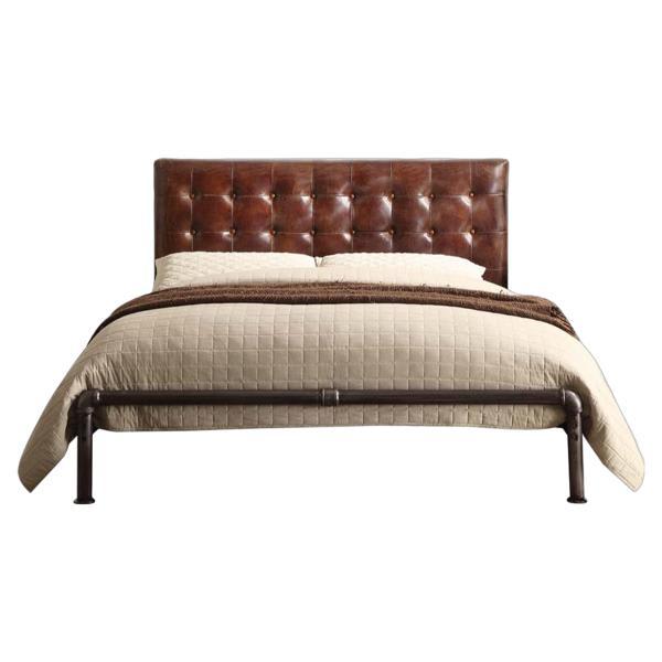 Brancaster Queen Bed - Vintage Brown Top Grain Leather - Iron Metal Frame 