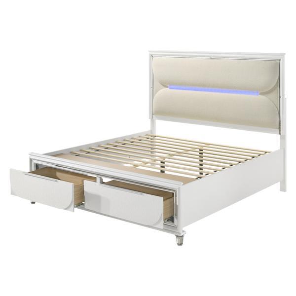 Tarian Queen Bed with LED and Storage - White Boucle and Pearl White Finish 