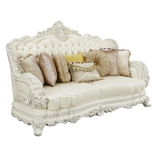 Adara Sofa with 7 Pillows - Pearl White Synthetic Leather - Antique White Finish 